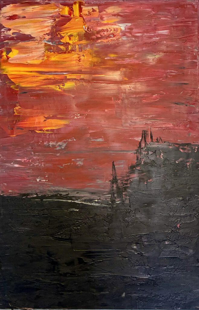 Schwarz gespachtelt mit Rot und Gelb, Ölfarbe auf Leinwand 60x40