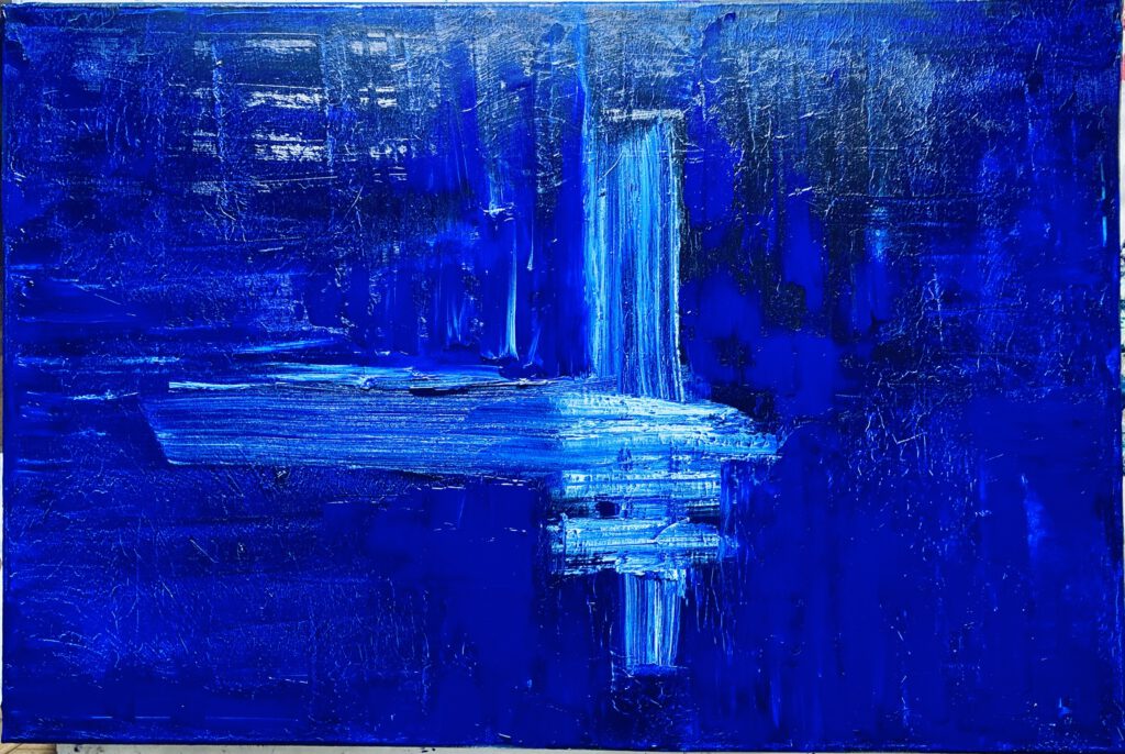 Varianten von Blau gespachtelt, Ölfarbe auf Leinwand 90x60