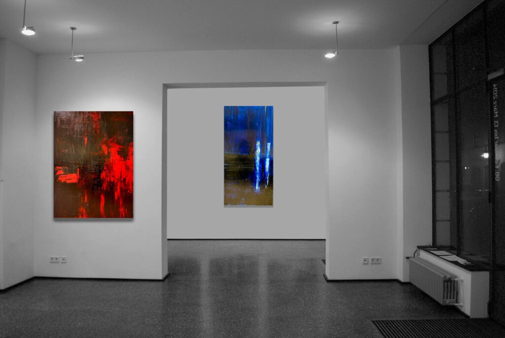 Schwarz gespachtelt mit Rot, Ölfarbe auf Leinwand 120 x 90 und Ultramarin, Ölfarbe auf Leinwand 140x70 im Studio
