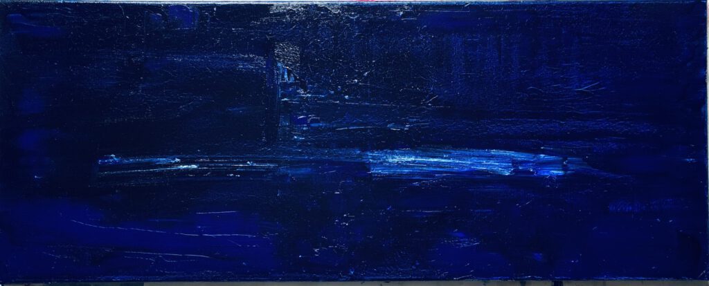 Nr. 9 Varianten von Blau mit Weiss, Ölfarbe auf Leinwand, Grösse: 40 x 100, Mai 2026.
